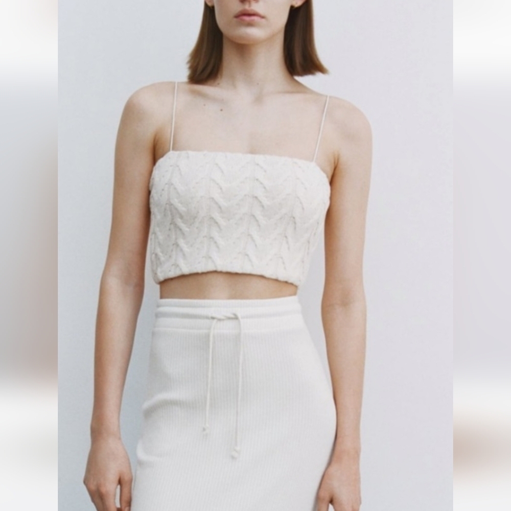 ZARA Cable Knit Cropped Stretch Sleeveless Top In Cream. Size Medium NWT - Picture 5 of 15